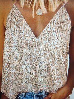 MIDUO Sequin V-Neck Metallic Cami Top /ROSE  GOLD